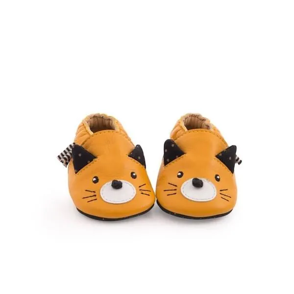 CHAUSSONS CUIR - CHAT MOUTARDE - LES MOUSTACHES - MOULIN ROTY - 0/6 MOIS