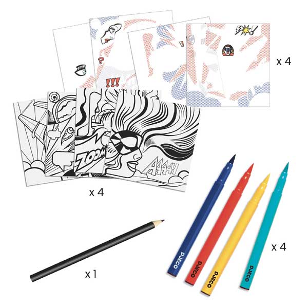 COFFRET FEUTRES PINCEAUX ET DECALCOMANIES - CHRISTIAN MONTENEGRO INSPIRED BY R. LICHTENSTEIN - HEROES - DJECO – Image 4