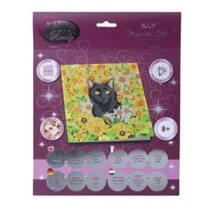 CARTE A DIAMANTER : CHAT NOIR PARMI LES FLEURS - CRYSTAL ART