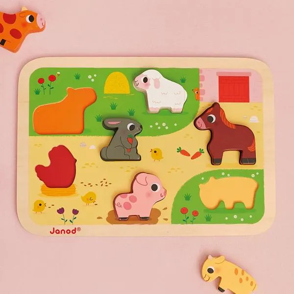 PUZZLE JANOD ENCASTREMENT CHUNKY 2 EN 1 : A LA FERME - 7 PIECES – Image 2