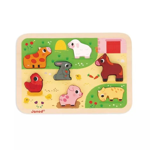 PUZZLE JANOD ENCASTREMENT CHUNKY 2 EN 1 : A LA FERME - 7 PIECES