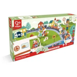 PUZZLE STORYTELLING 4 EN 1 HAPE : VEHICULES DE SECOURS - 9/12/16/20 PIECES