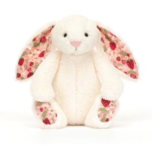 PELUCHE PETIT LAPIN CREME OREILLES TISSU FLEURI FRAISE - JELLYCAT